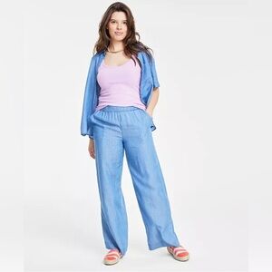 On 34th Women's High Rise Chambray Wide Leg Pants Elastic Comfort Blue XL New
